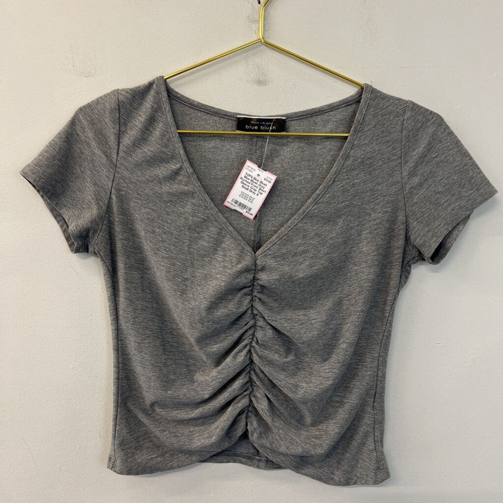 Blue Blush Grey Ruched Front Short Sleeve Crop Top Small