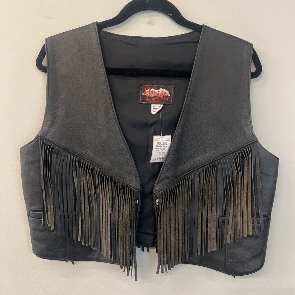 Hillside Leather Black Leather Fringe Vest Large