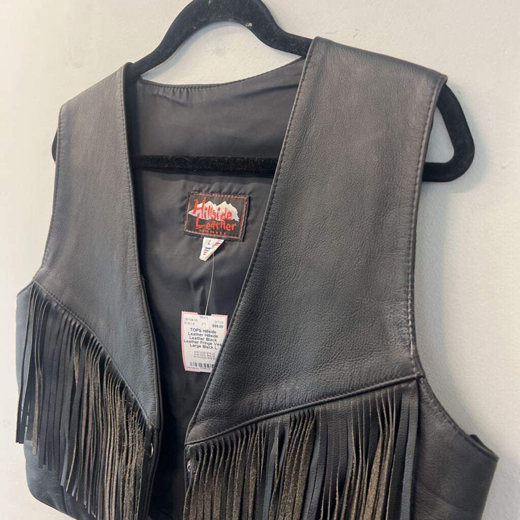 Hillside Leather Black Leather Fringe Vest Large