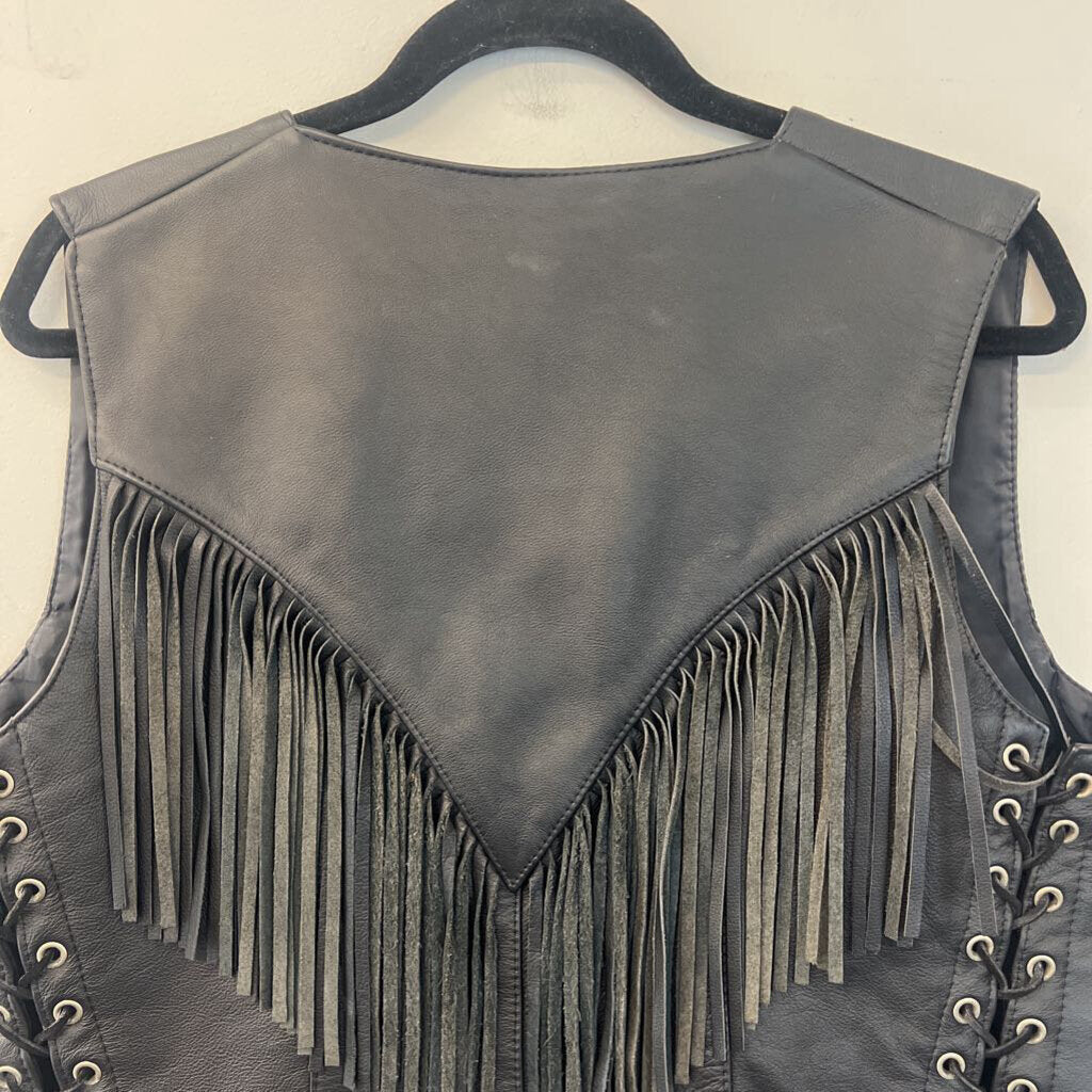 Hillside Leather Black Leather Fringe Vest Large