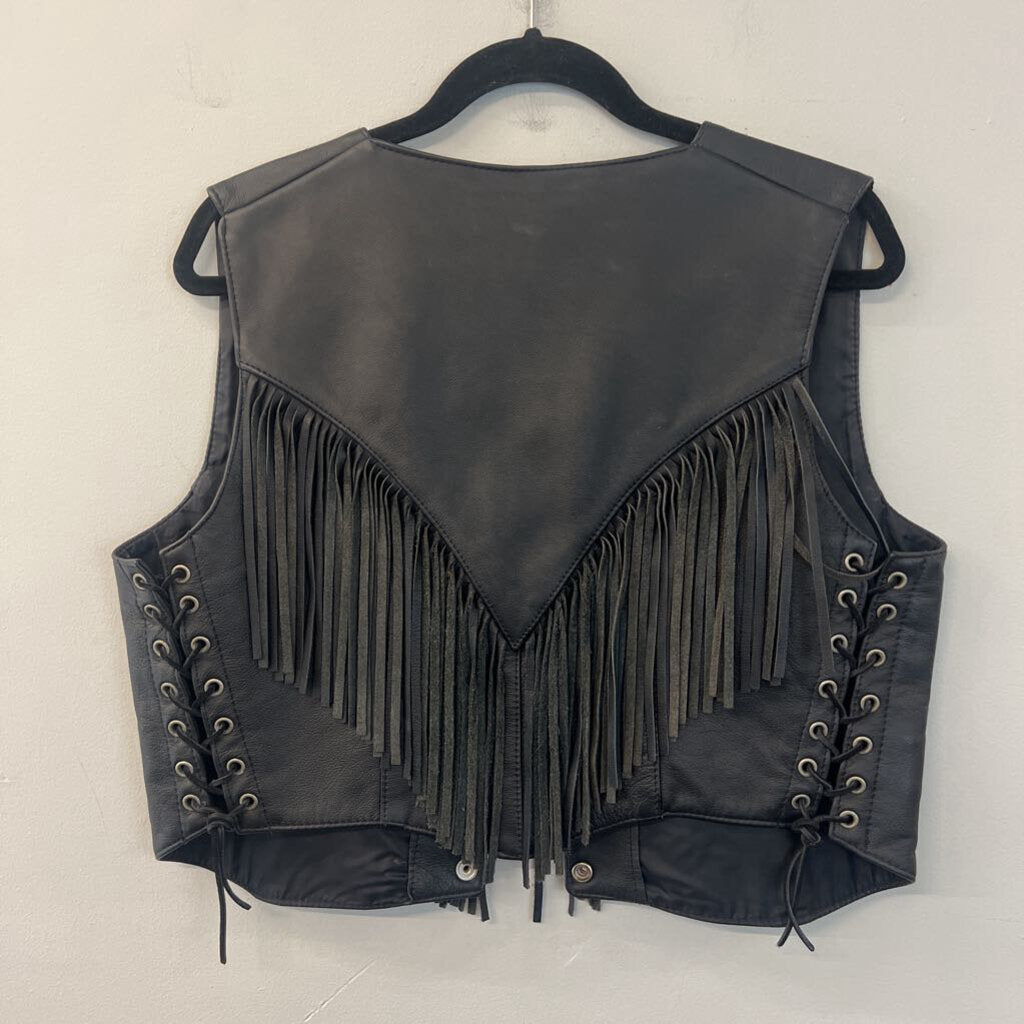 Hillside Leather Black Leather Fringe Vest Large