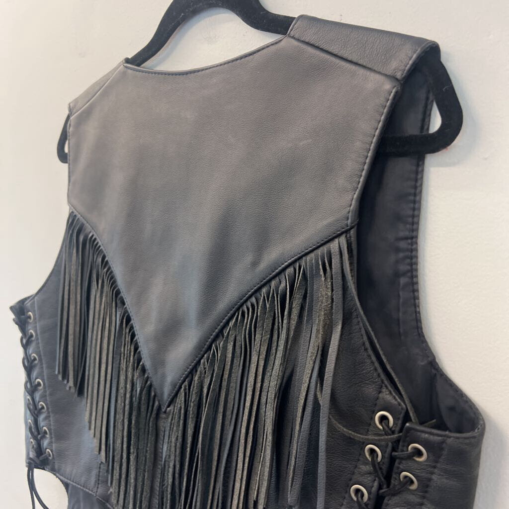 Hillside Leather Black Leather Fringe Vest Large