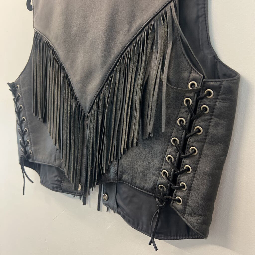 Hillside Leather Black Leather Fringe Vest Large