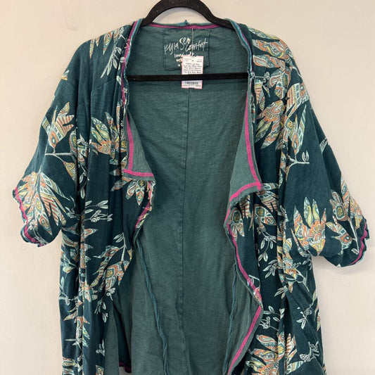 Kyla Seo Blue/ Multi Print Short Sleeve Open Front Kimono Top One Size