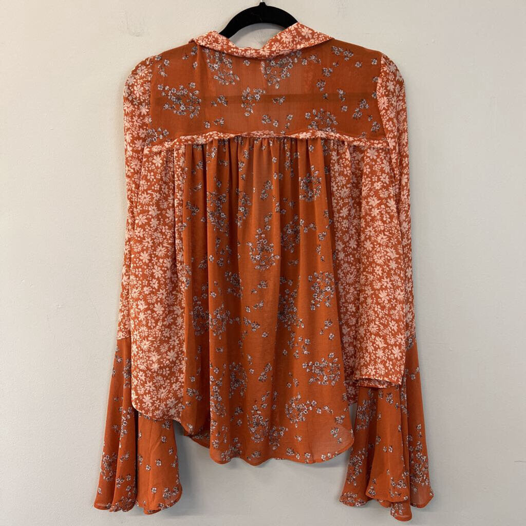 Free People Orange/ Cream Print Long Bell Sleeve Top Extra Large