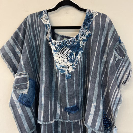 Jaded Gypsy Blue Striped Crochet Detail Poncho Top One Size