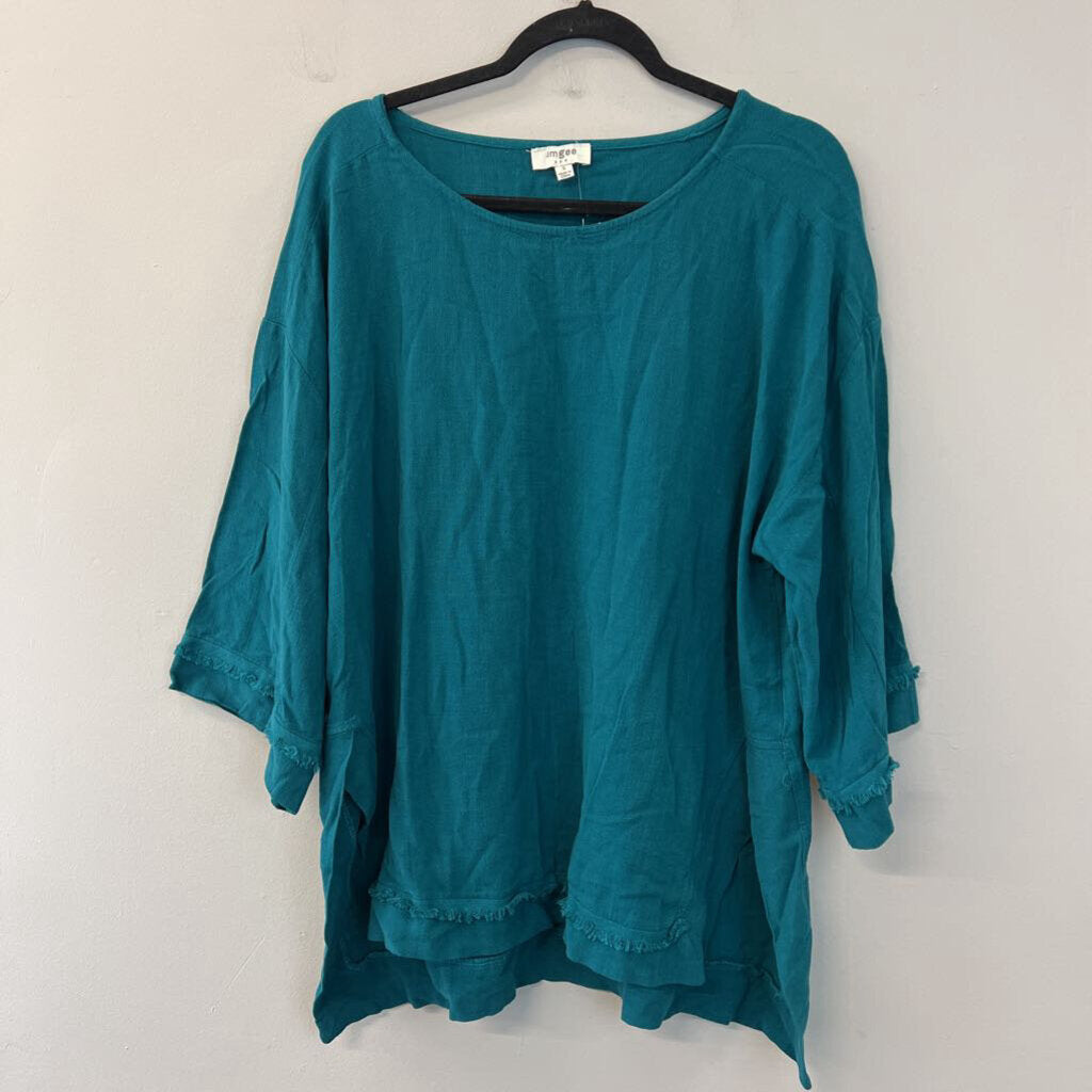 Umgee Teal 3/4 Sleeve Frayed Detail Top Small