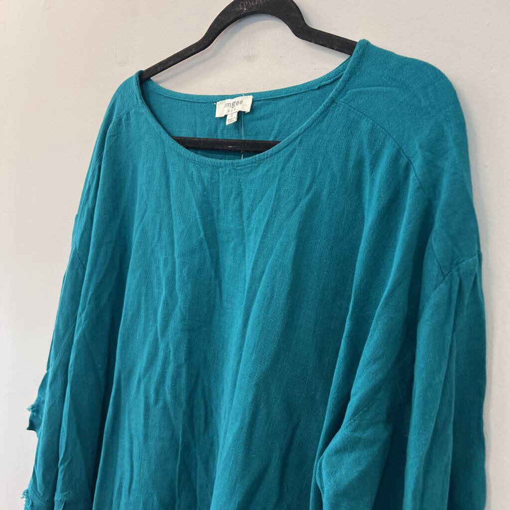 Umgee Teal 3/4 Sleeve Frayed Detail Top Small
