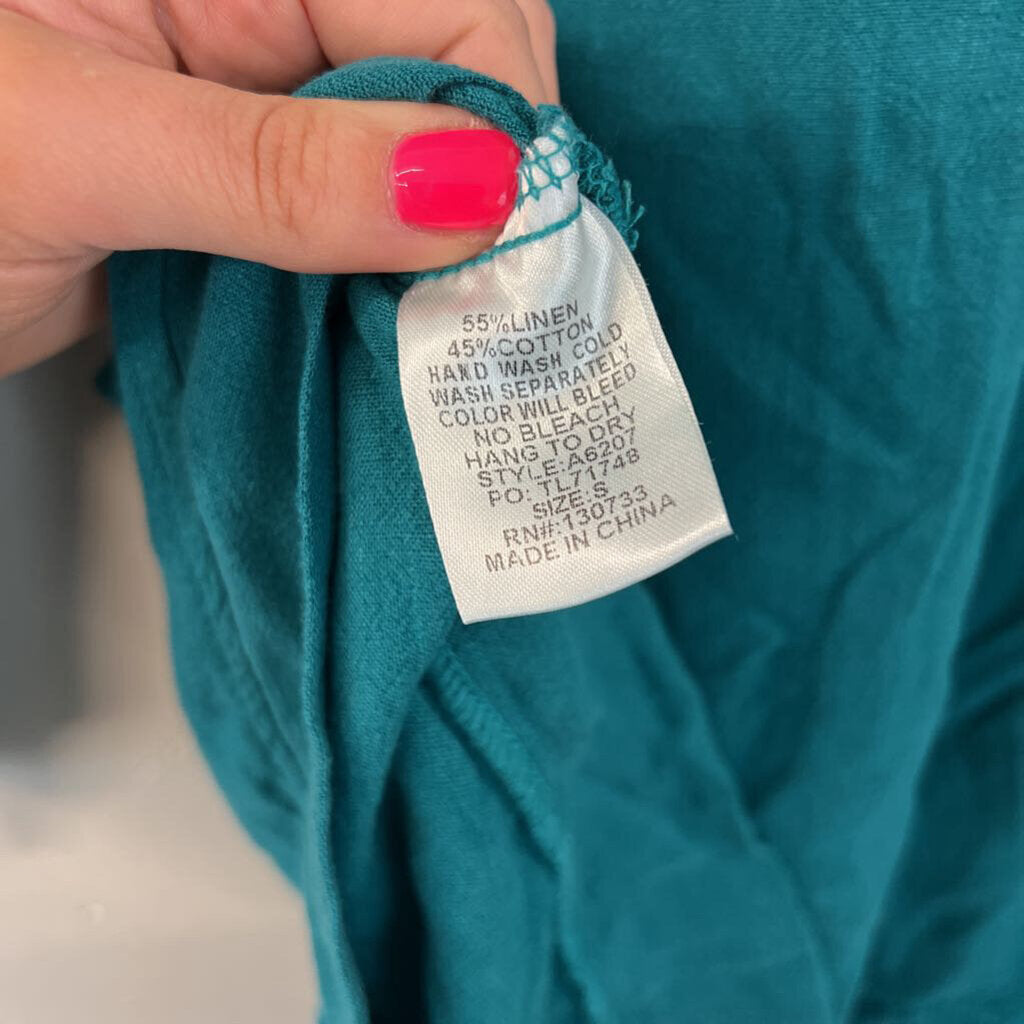 Umgee Teal 3/4 Sleeve Frayed Detail Top Small