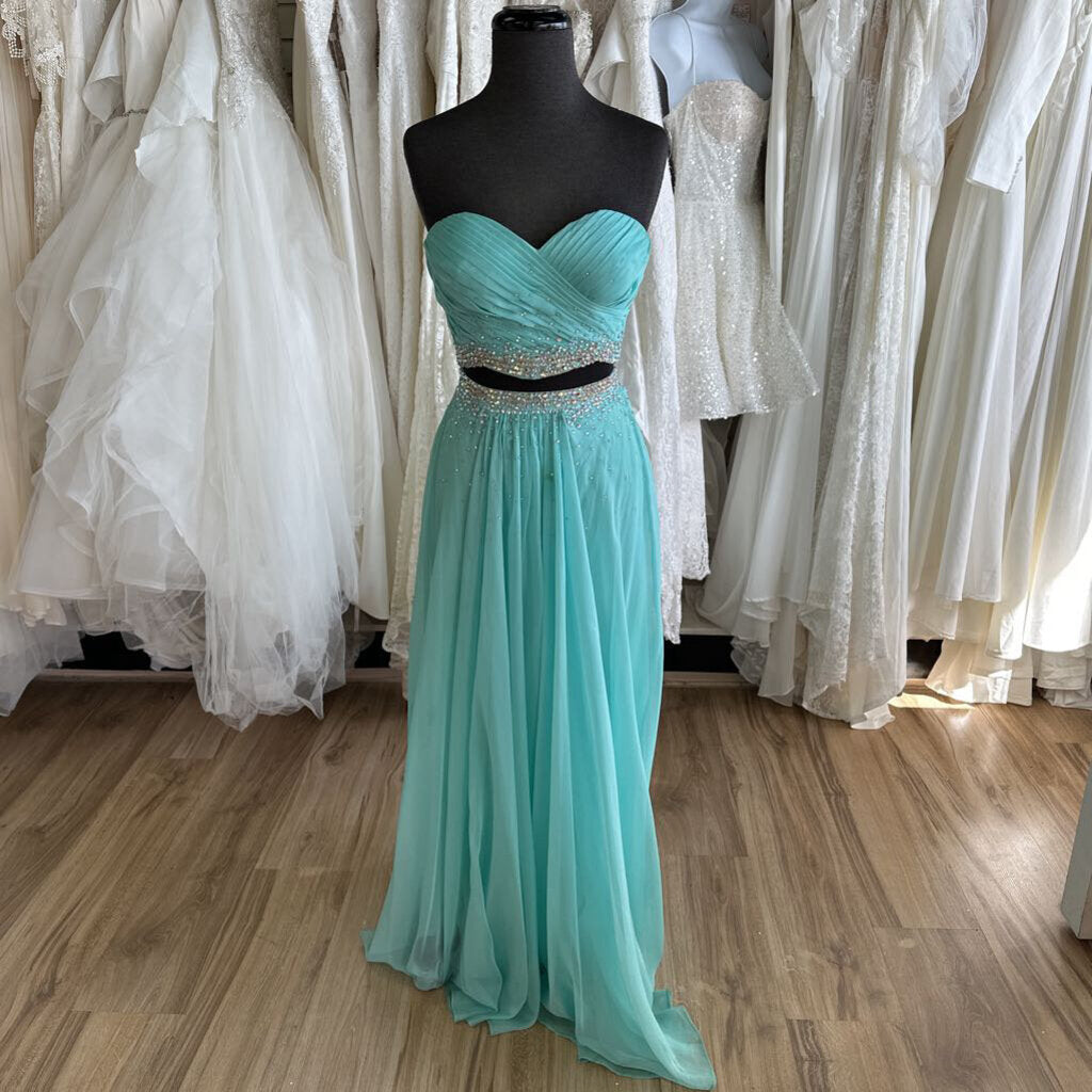 La Femme Mint Chiffon Two Piece Long Formal 0