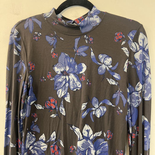 Free People Grey/ Blue Flower Print Long Sleeve Mock Neck Top Large