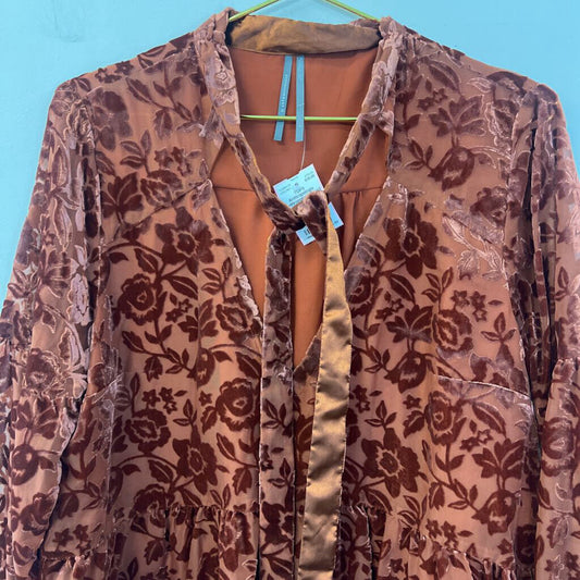 Anthropologie Burnt Orange Velvet Flowers Long Sleeve Top Large