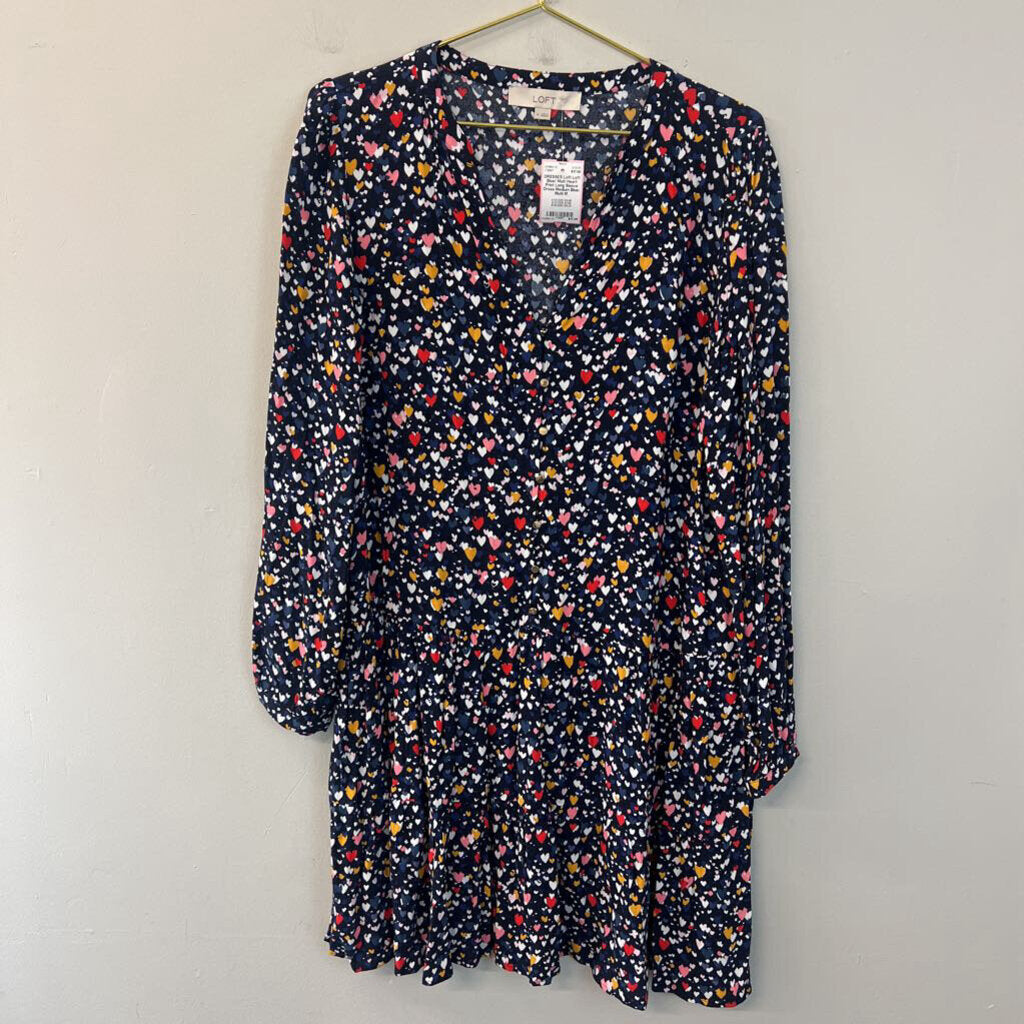 Loft Blue/ Multi Heart Print Long Sleeve Dress Medium