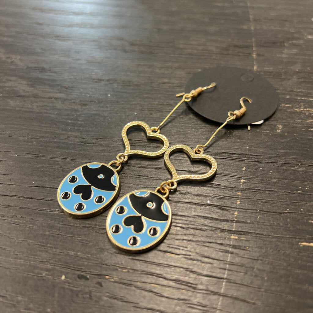 Gold/ Blue Heart Print Drop Earrings