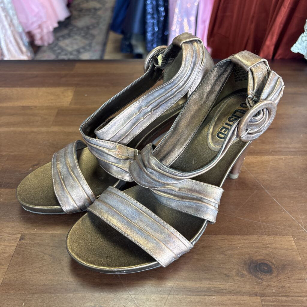 Unlisted Bronze Strappy Open Toe Heels 6
