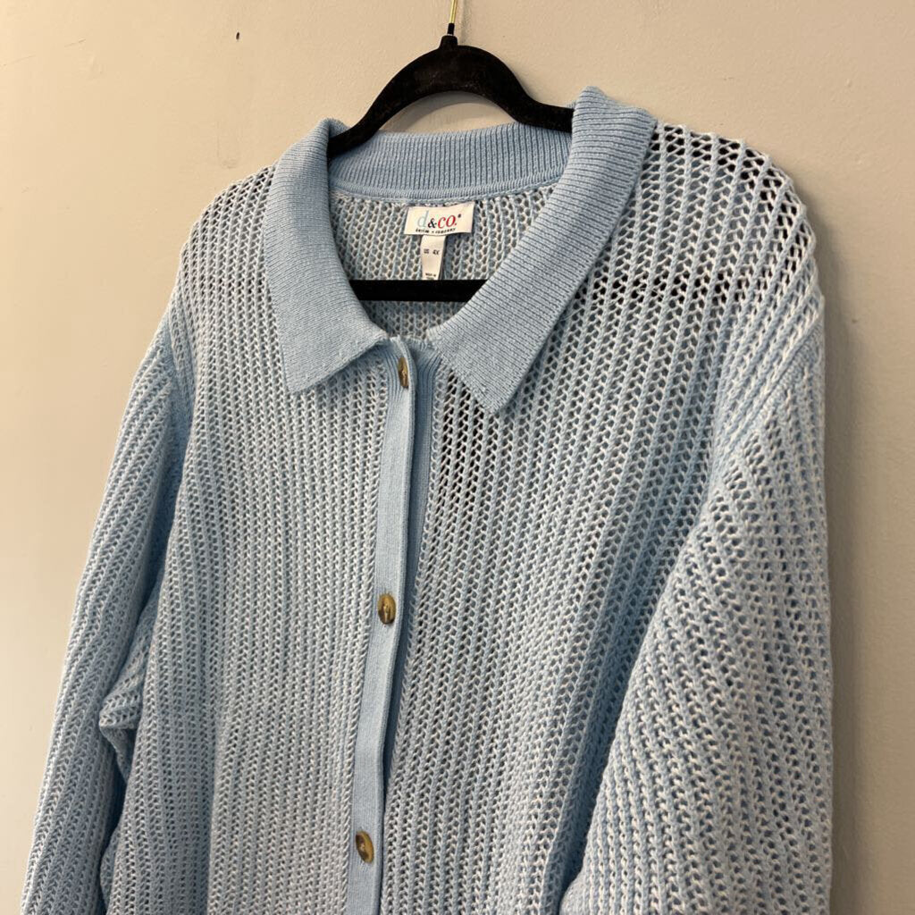 D&Co Blue Open Knit Long Sleeve Button Down Top 4X