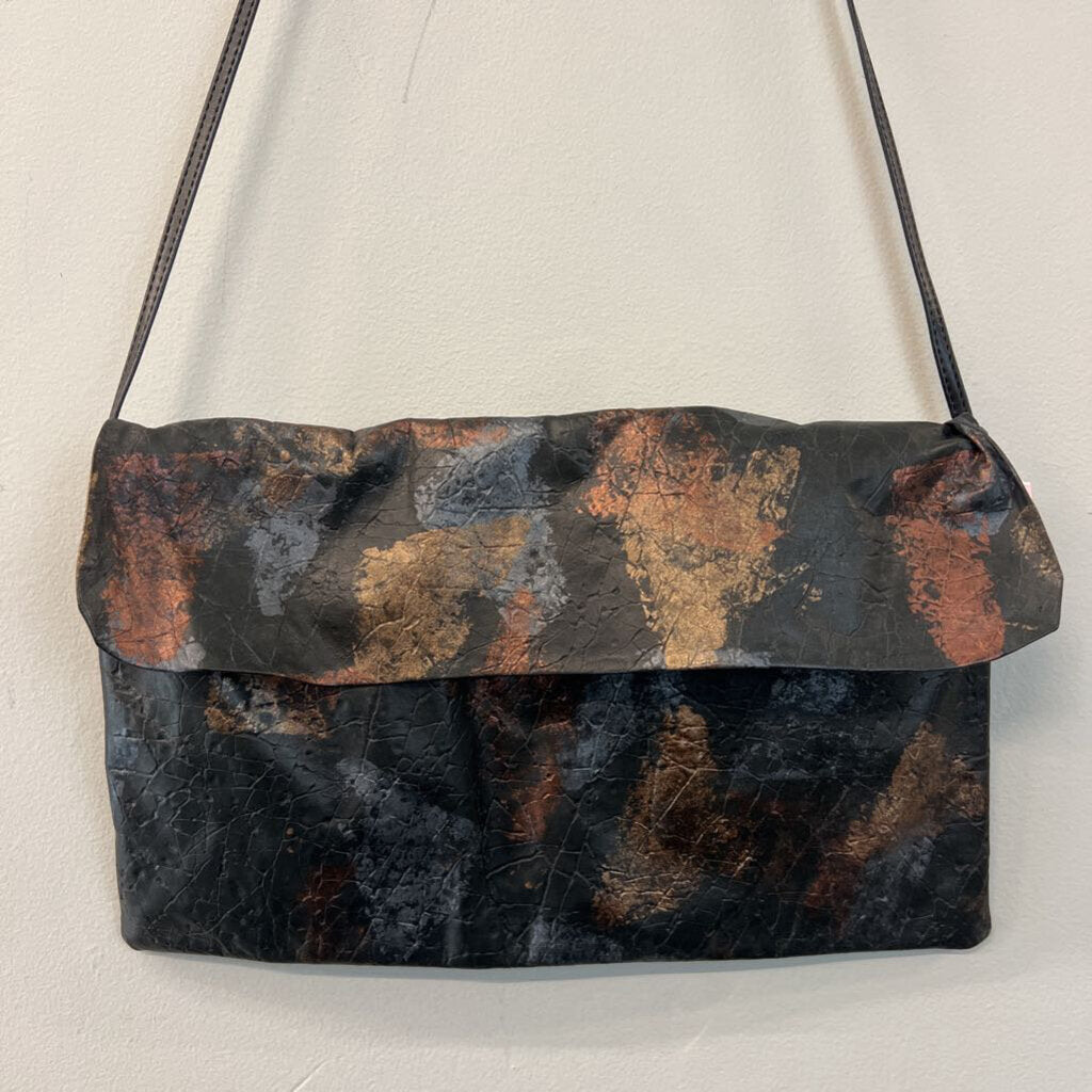 Black/ Metallic Gold Print Fold Over Crossbody Purse
