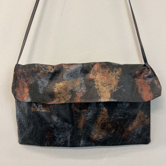 Black/ Metallic Gold Print Fold Over Crossbody Purse