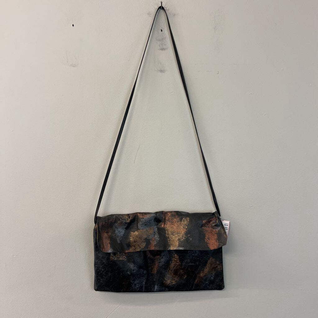 Black/ Metallic Gold Print Fold Over Crossbody Purse