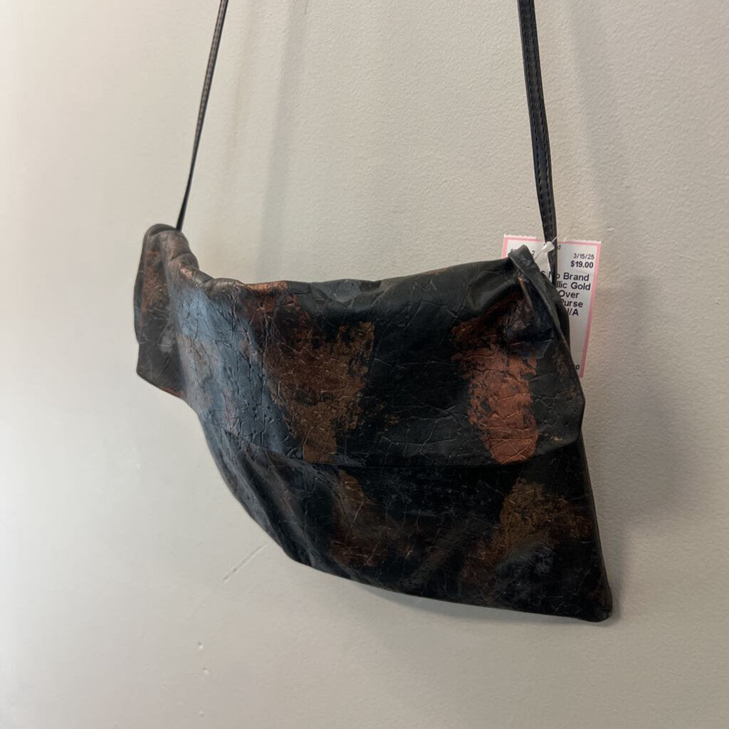 Black/ Metallic Gold Print Fold Over Crossbody Purse