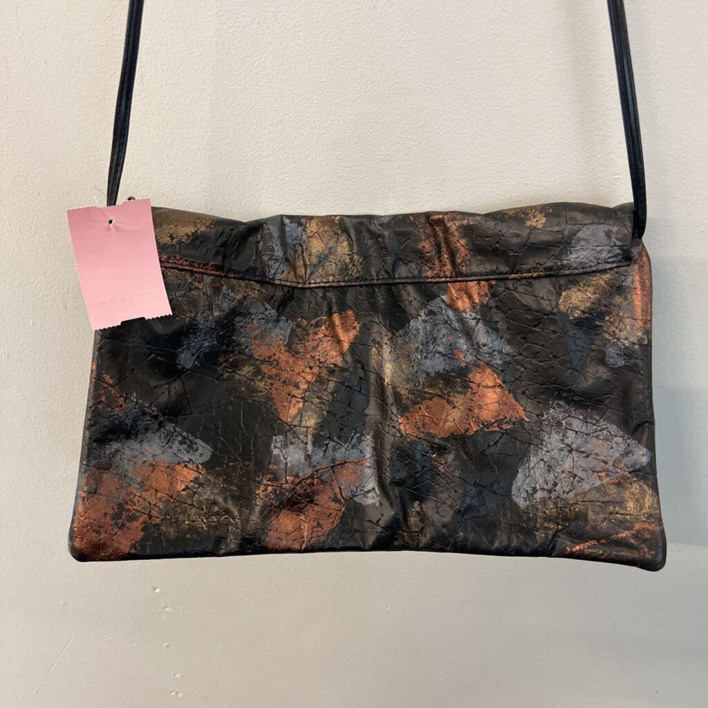 Black/ Metallic Gold Print Fold Over Crossbody Purse