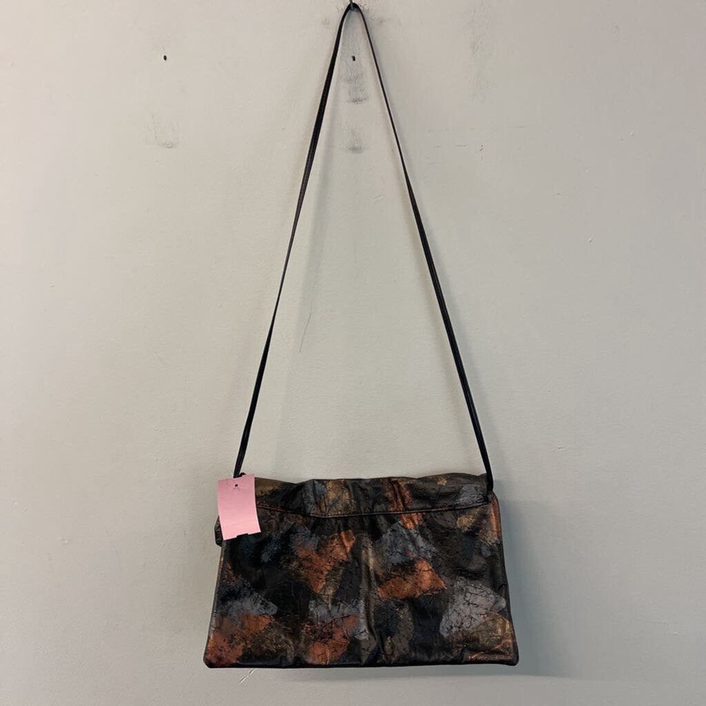 Black/ Metallic Gold Print Fold Over Crossbody Purse