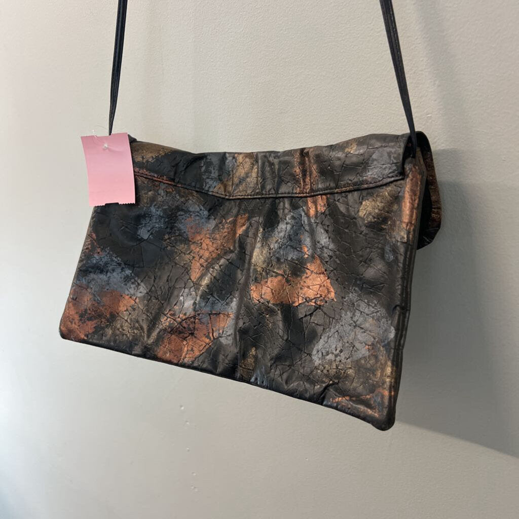 Black/ Metallic Gold Print Fold Over Crossbody Purse