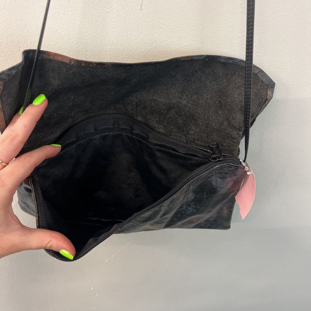 Black/ Metallic Gold Print Fold Over Crossbody Purse