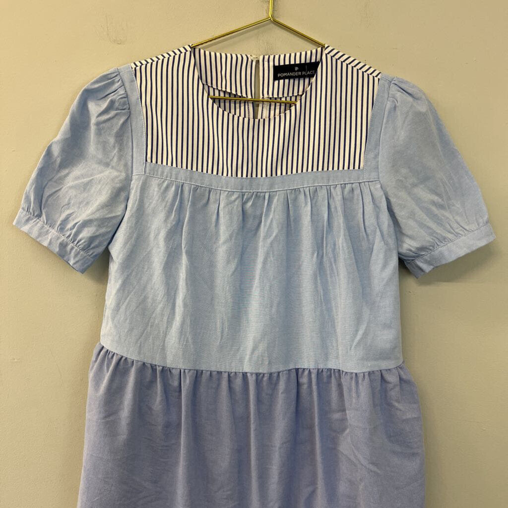 Pomander Place Blue Striped Short Puff Sleeve Baby Doll Dress Small