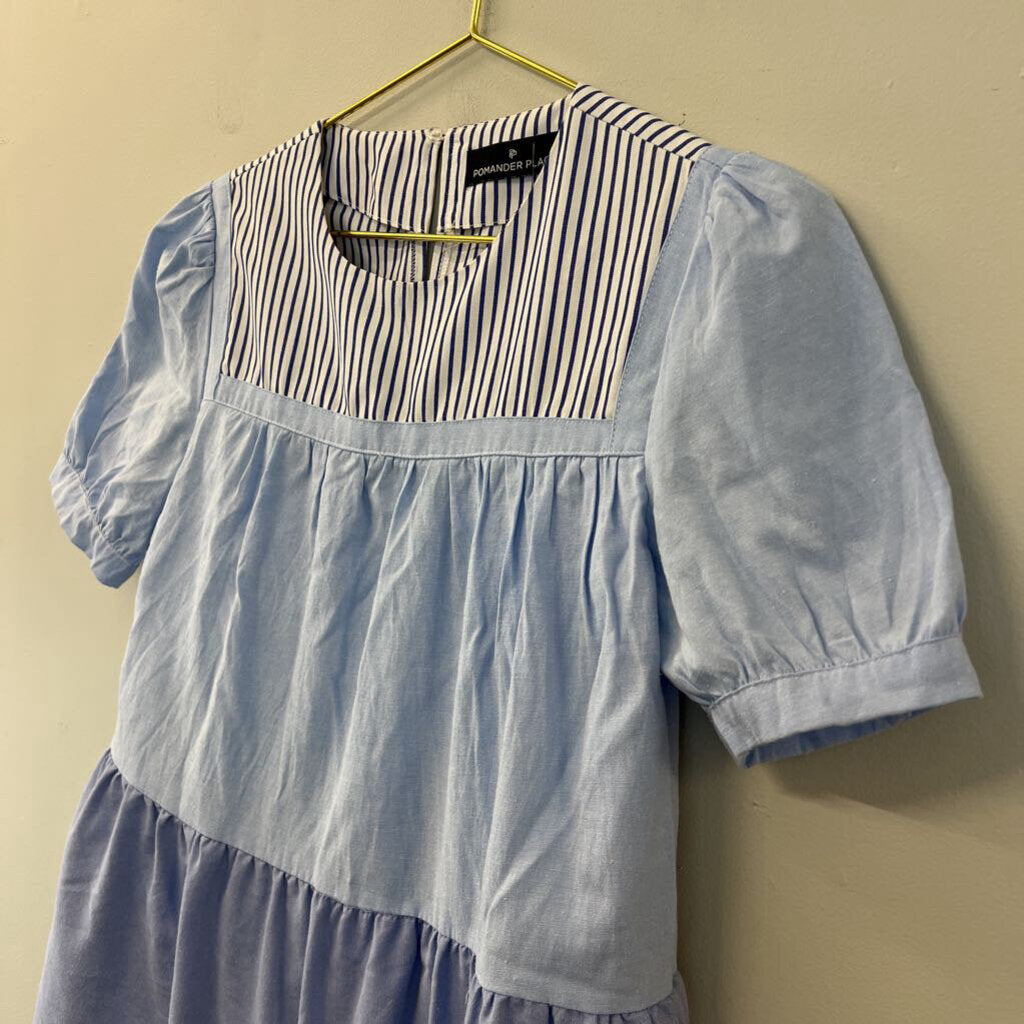 Pomander Place Blue Striped Short Puff Sleeve Baby Doll Dress Small