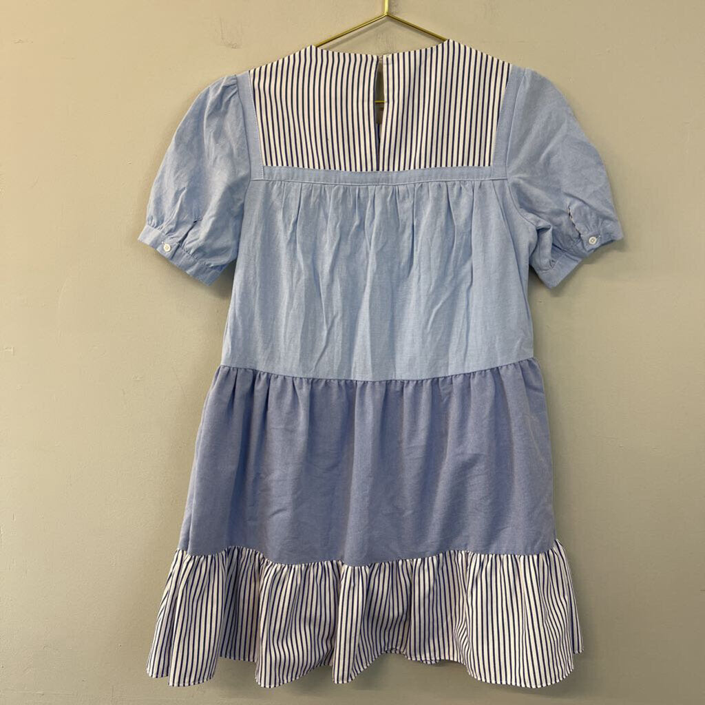 Pomander Place Blue Striped Short Puff Sleeve Baby Doll Dress Small