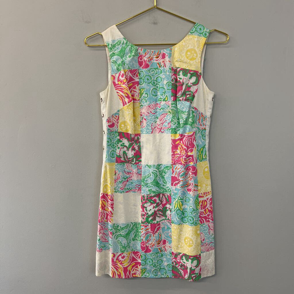 Lilly Pulitzer White/ Multi Checkered Print Lace Up Sides Shift Dress 00