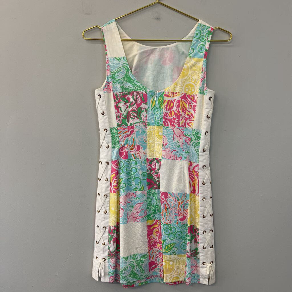 Lilly Pulitzer White/ Multi Checkered Print Lace Up Sides Shift Dress 00