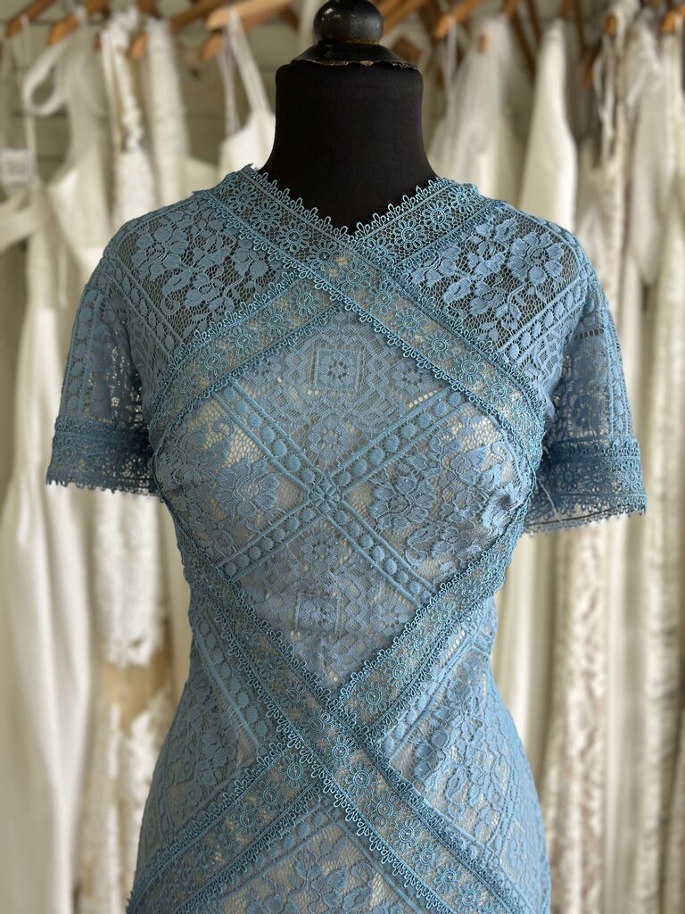 Tadashi Shoji Blue/ Beige Lace Short Sleeve Dress 14