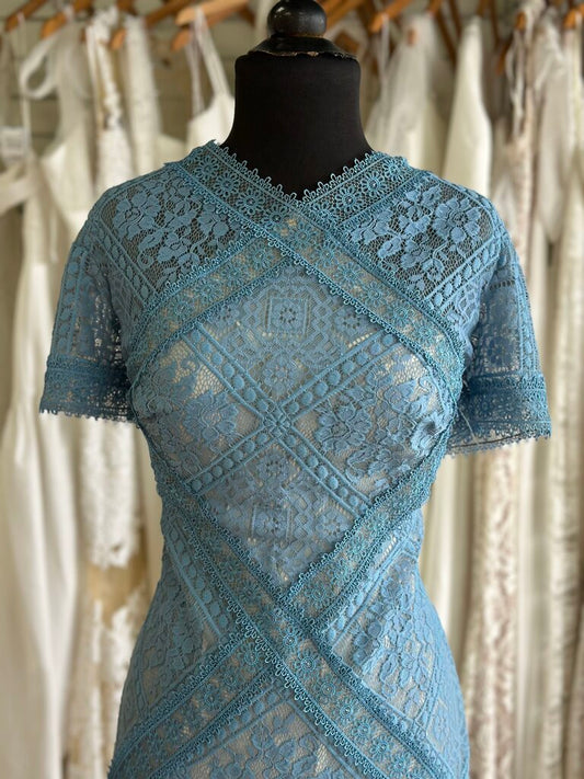 Tadashi Shoji Blue/ Beige Lace Short Sleeve Dress 14