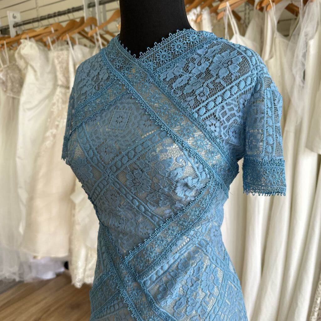Tadashi Shoji Blue/ Beige Lace Short Sleeve Dress 14