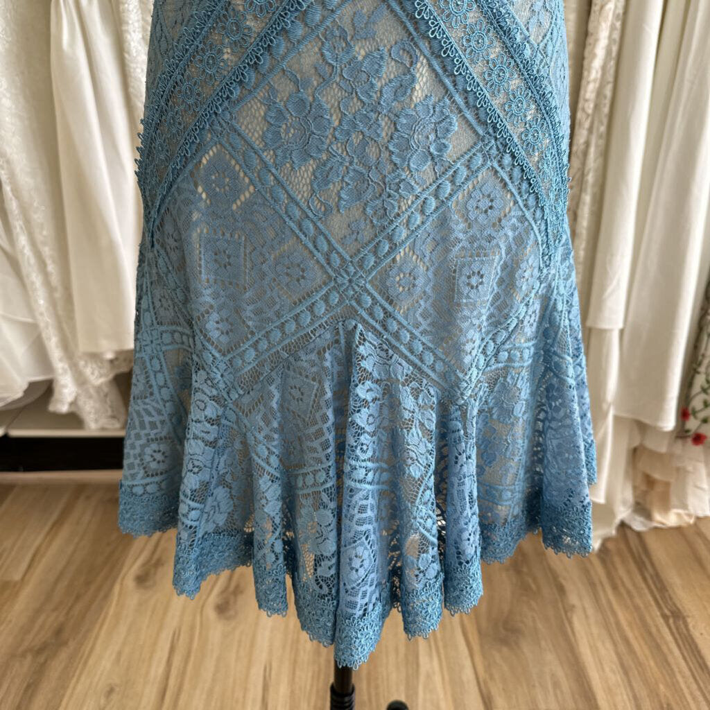 Tadashi Shoji Blue/ Beige Lace Short Sleeve Dress 14