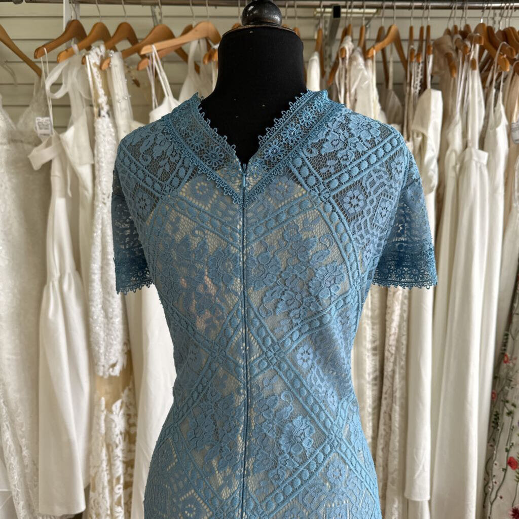 Tadashi Shoji Blue/ Beige Lace Short Sleeve Dress 14