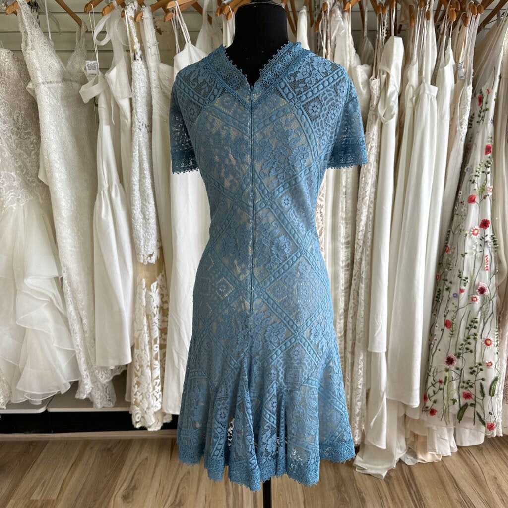 Tadashi Shoji Blue/ Beige Lace Short Sleeve Dress 14
