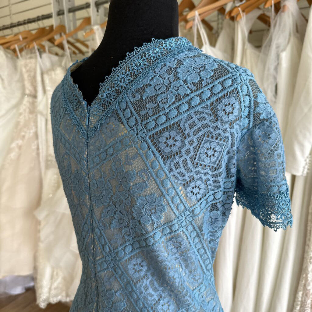 Tadashi Shoji Blue/ Beige Lace Short Sleeve Dress 14