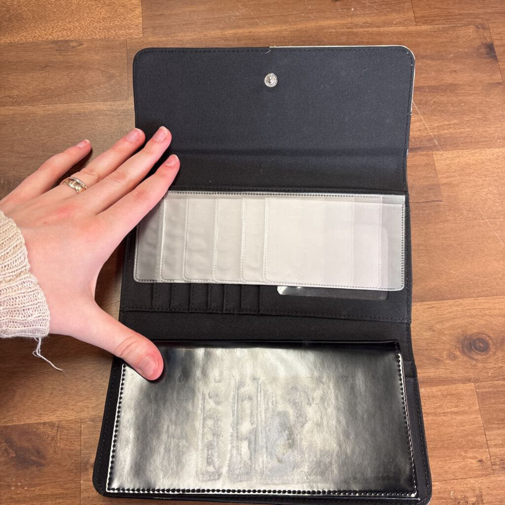 Kate Spade Black/ Cream Checkered Patent Leather Fold Over Wallet