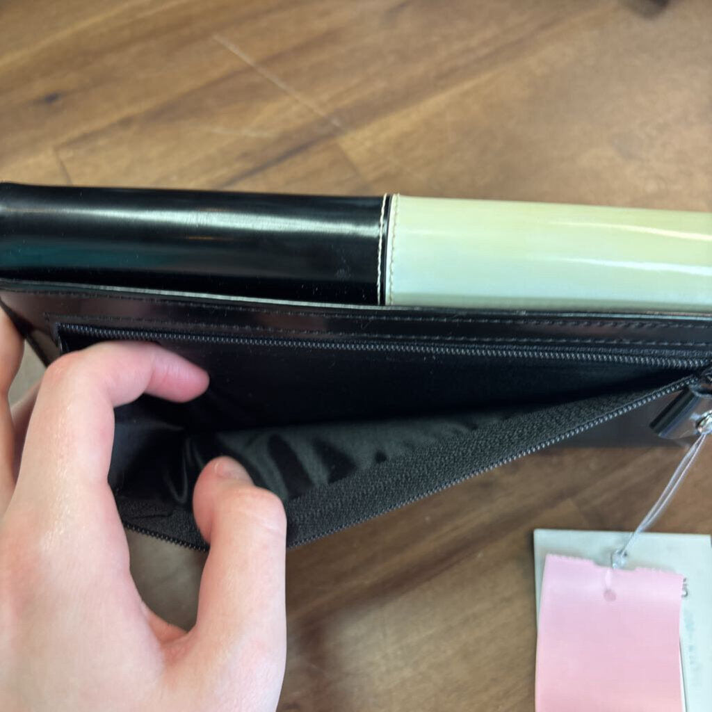 Kate Spade Black/ Cream Checkered Patent Leather Fold Over Wallet