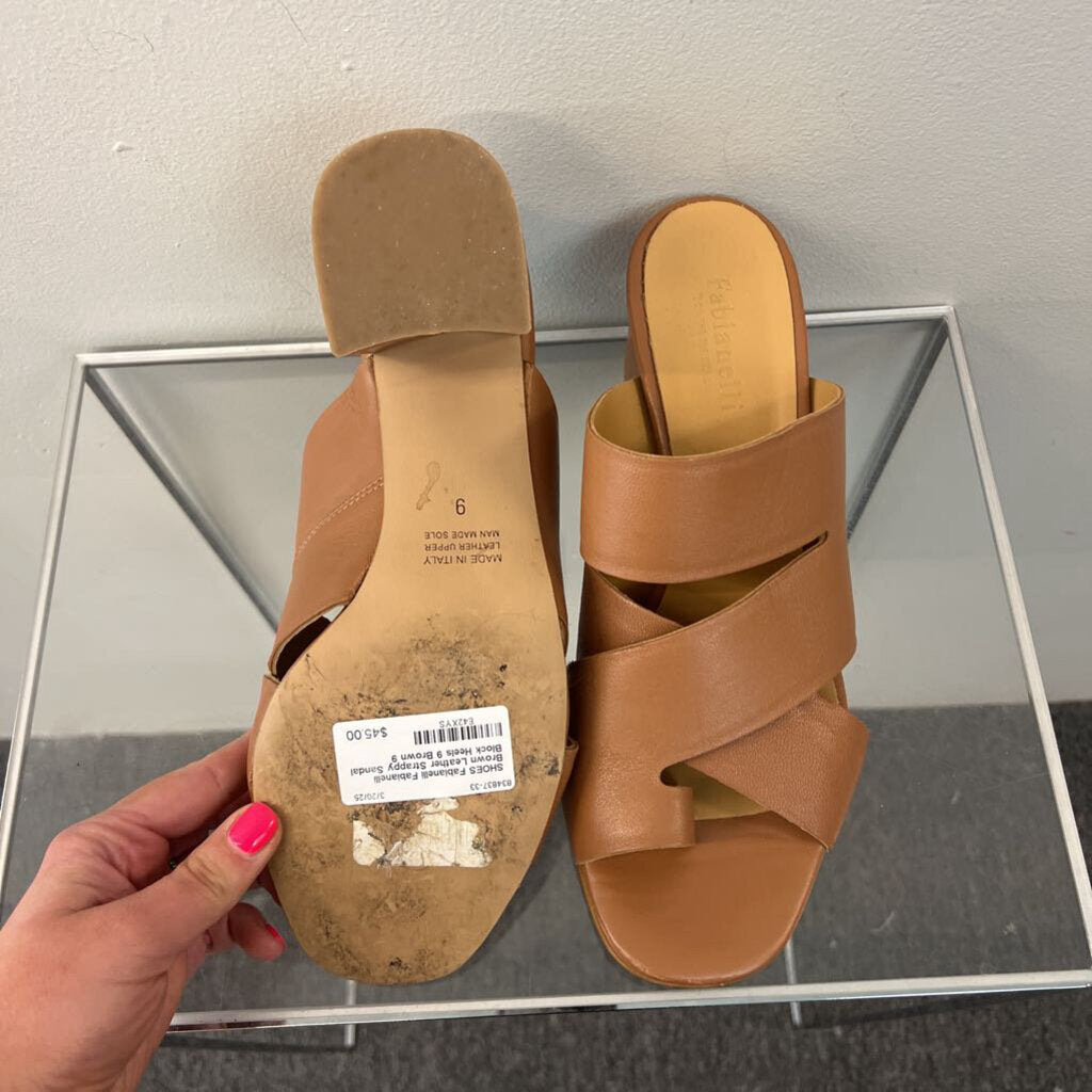 Fabianelli Brown Leather Strappy Sandal Block Heels 9