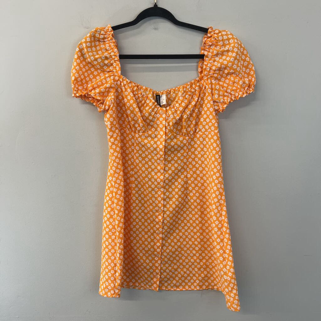 Divided Yellow/ White Flower Print Short Puff Sleeve Dress Medium