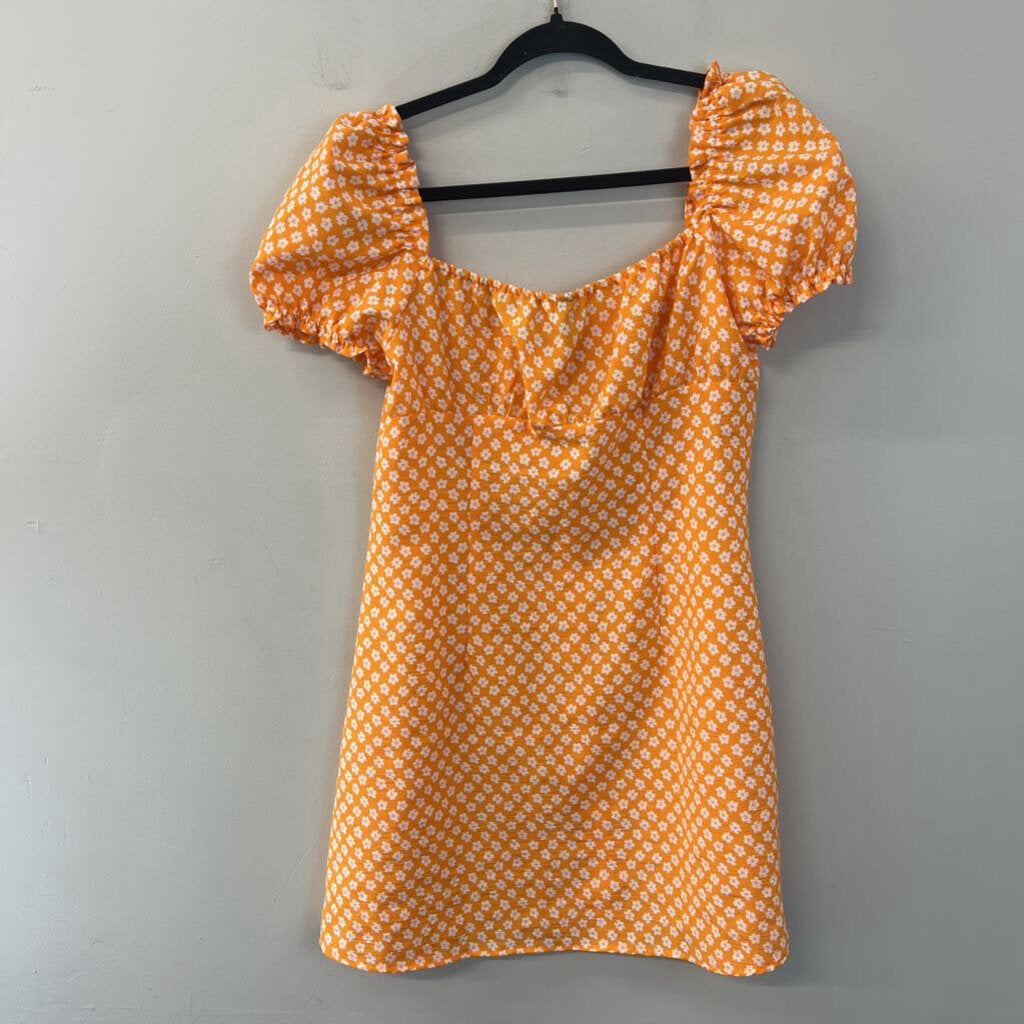 Divided Yellow/ White Flower Print Short Puff Sleeve Dress Medium