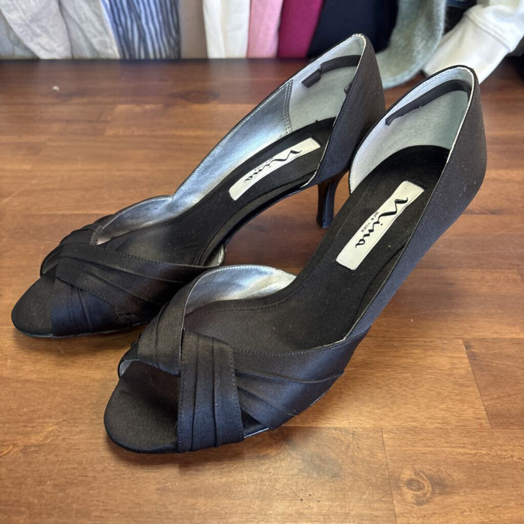 Nina Black Satin Peep Toe Heels 7.5