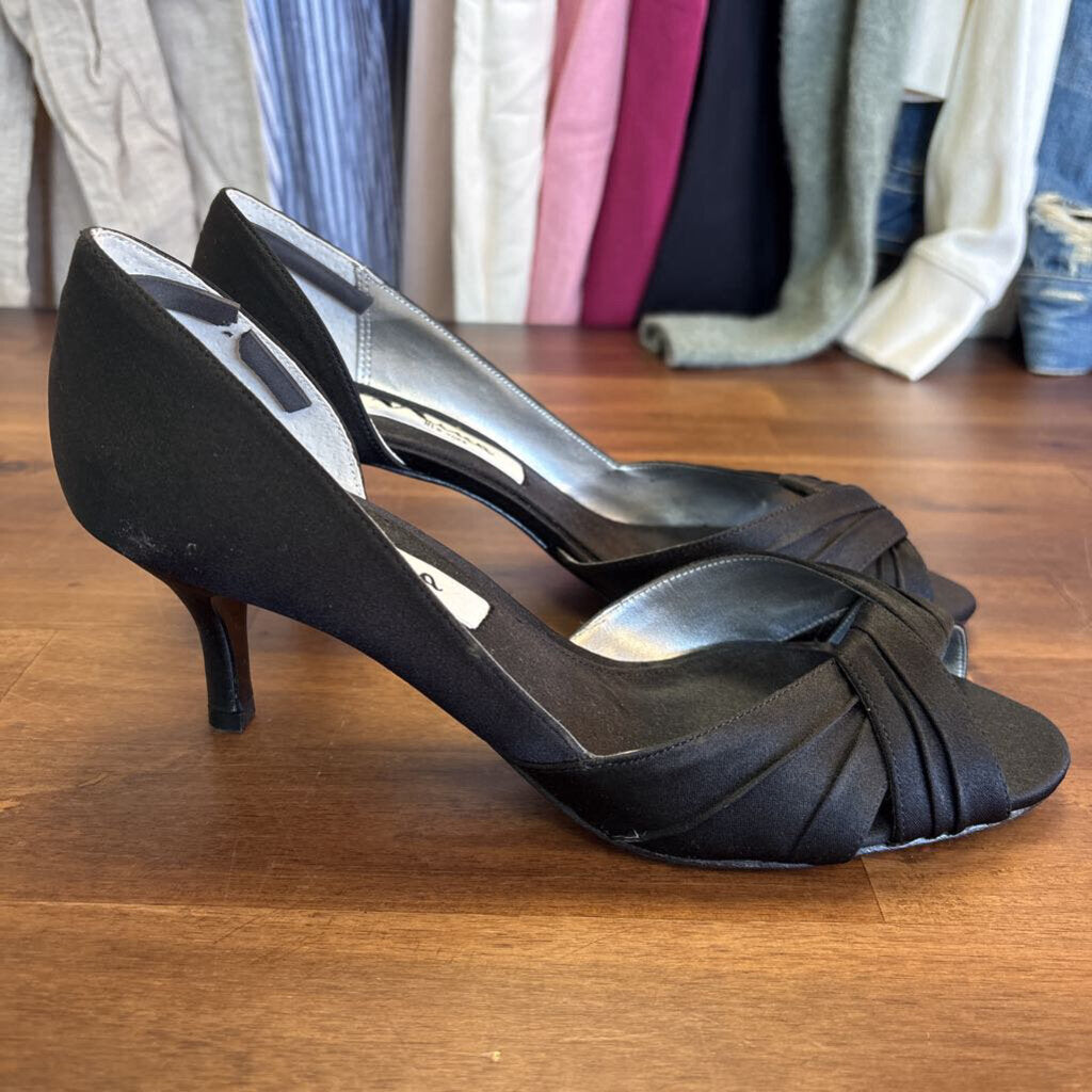 Nina Black Satin Peep Toe Heels 7.5
