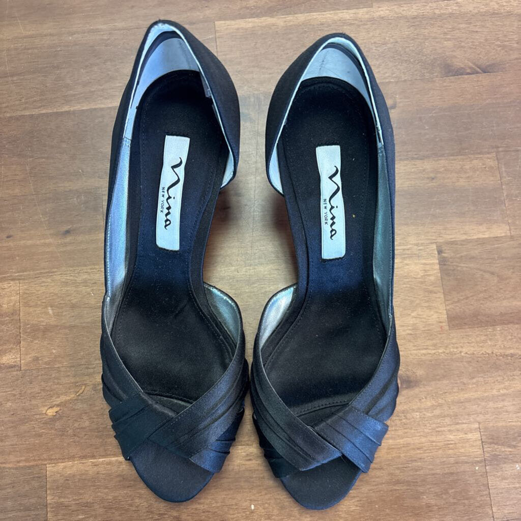Nina Black Satin Peep Toe Heels 7.5