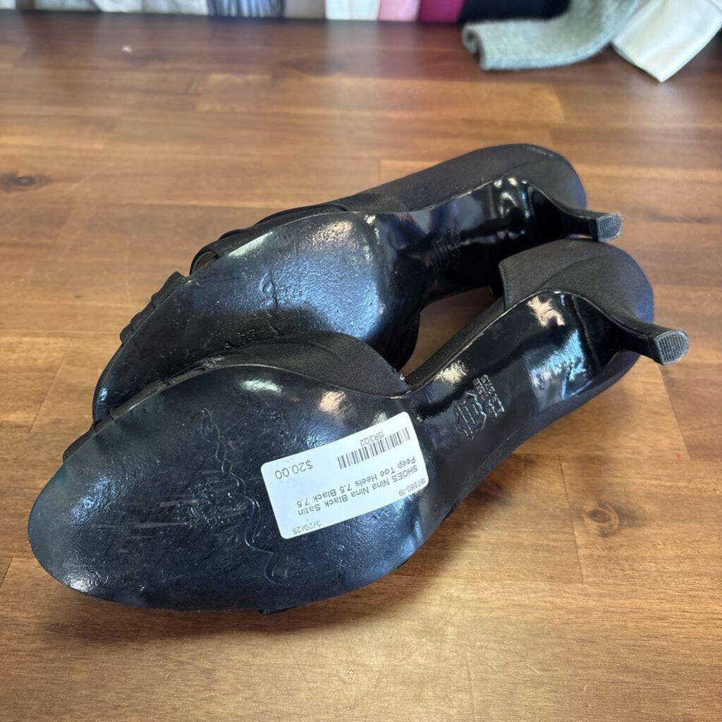 Nina Black Satin Peep Toe Heels 7.5