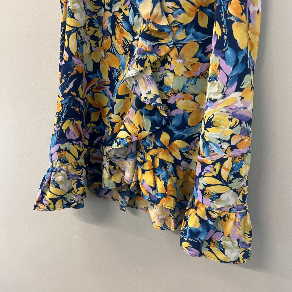 Magnolia Blue/ Yellow Floral Print Ruffle Detail Tank Small